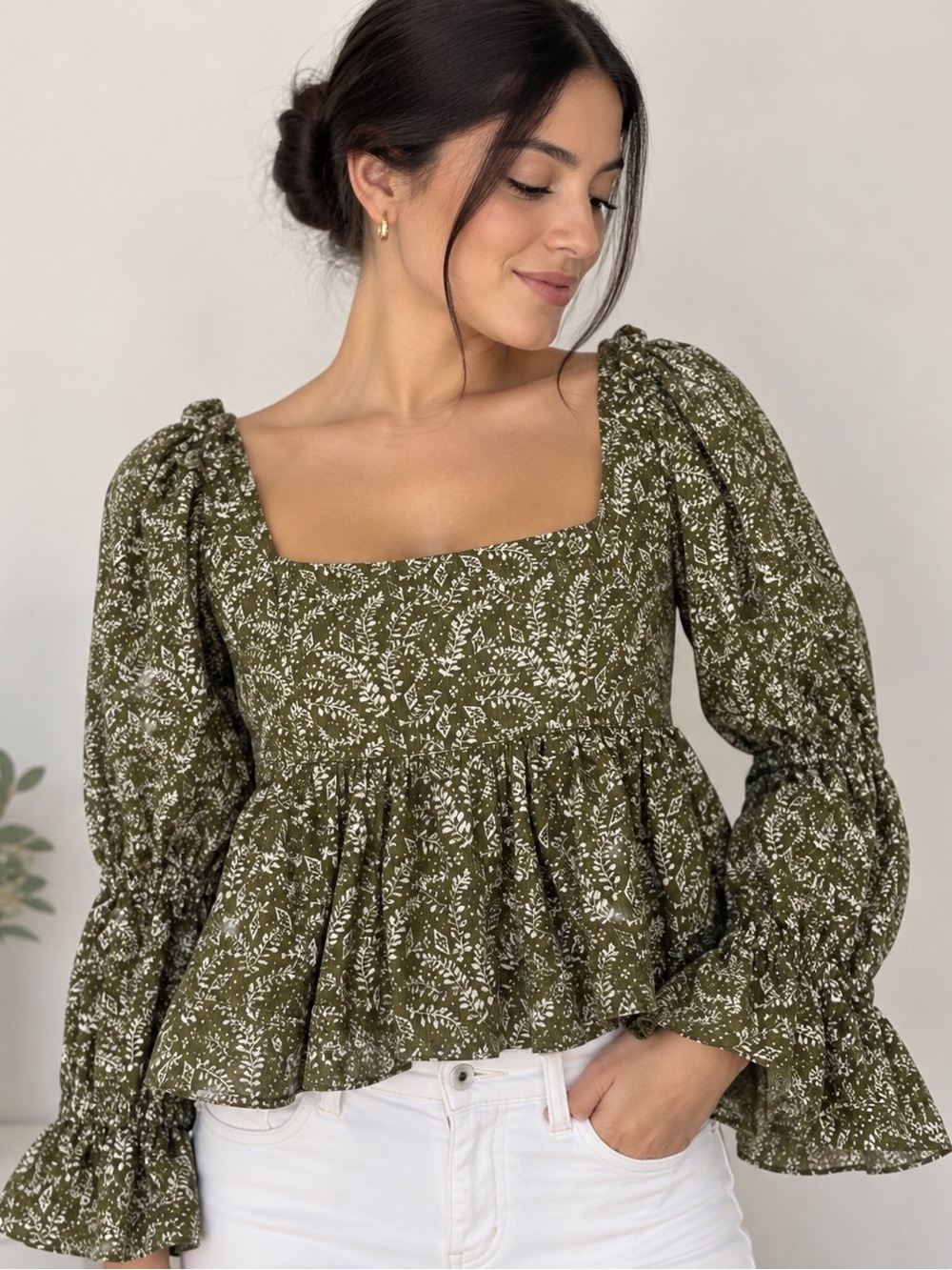 Floral Puff Sleeve Peplum Blouse Green XS Anthropologie Pilcro